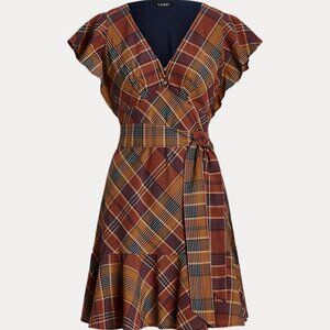 Lauren Ralph Lauren Belted Cotton Madras Dress In Navy/Tan Multi  Size 10